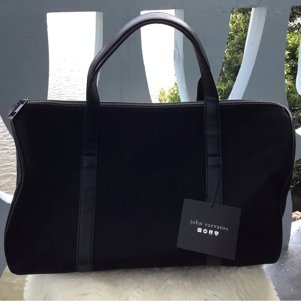 John Varvatos Black Faux Suede and Faux Leather Trim Duffel Bag with Top Handles